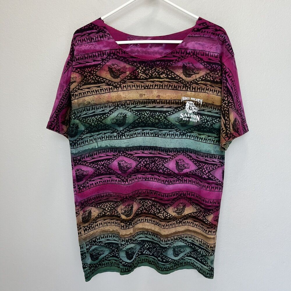 Hogs Breath Saloon Vintage Rainbow Stripe Multi Biker Short Sleeve Shirt Medium - Picture 2 of 5